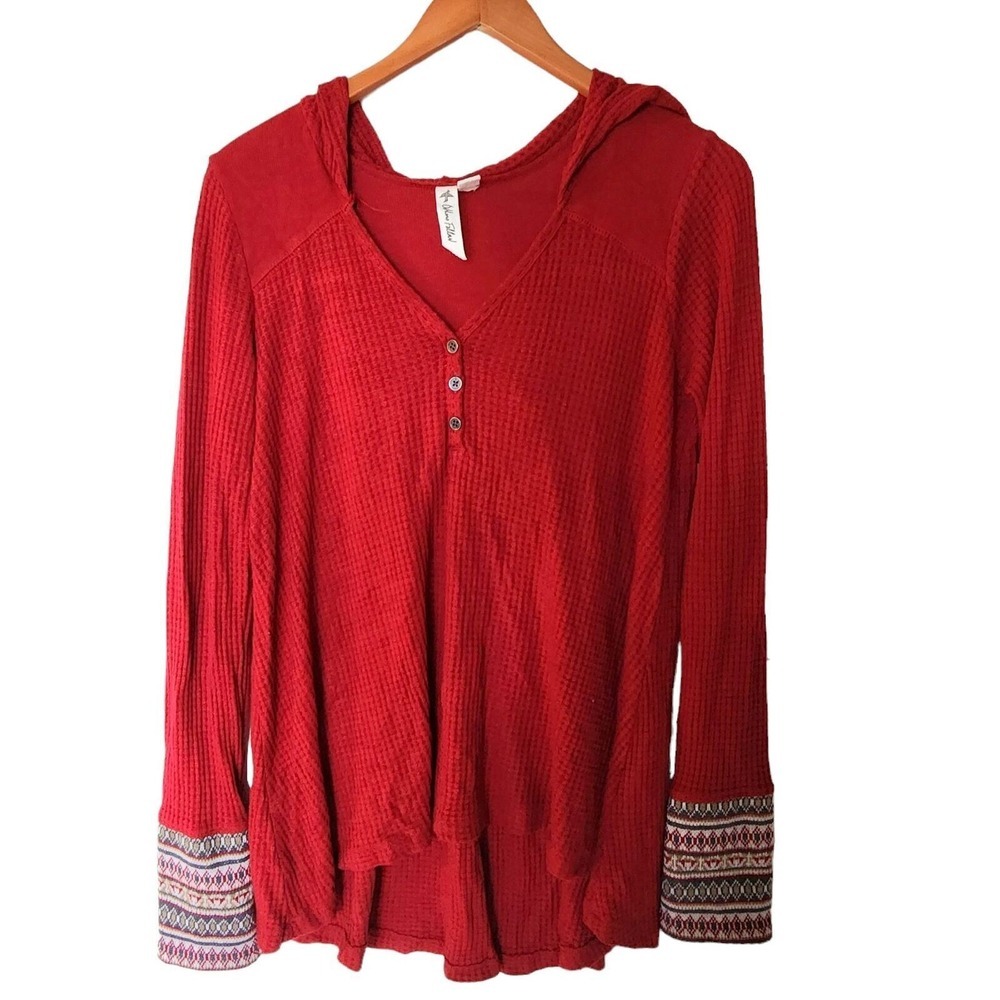 Others Follow Red Waffle‎ Knit Hooded Pullover Long Sleeve Top L Large
